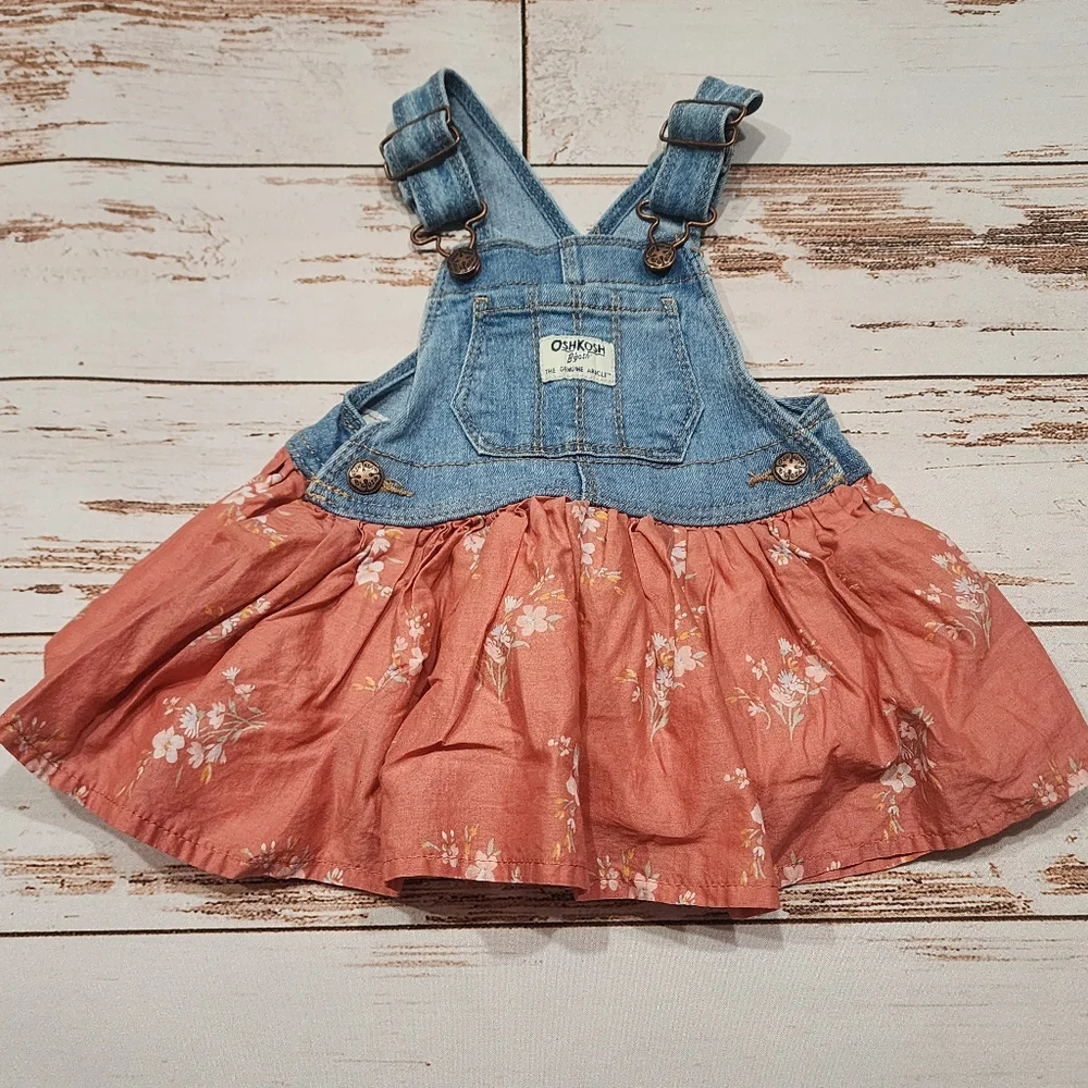 OSH KOSH Denim Overall Dress Floral Peach Baby Girl 12 Months